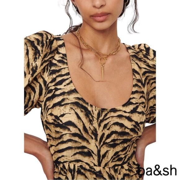 BA&SH **NWT** Zola Puff-sleeve Linen-blend Tiger Print Mini Dress - Picture 8 of 14